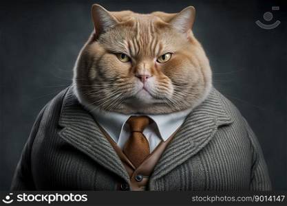 Portrait of a fat cat dressed in a formal business suit, boss, generative ai
