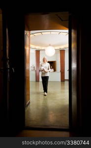 Portrait of a female customer in an old 20s functional style spa