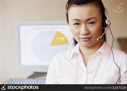 Portrait of a female customer service representative talking on a headset