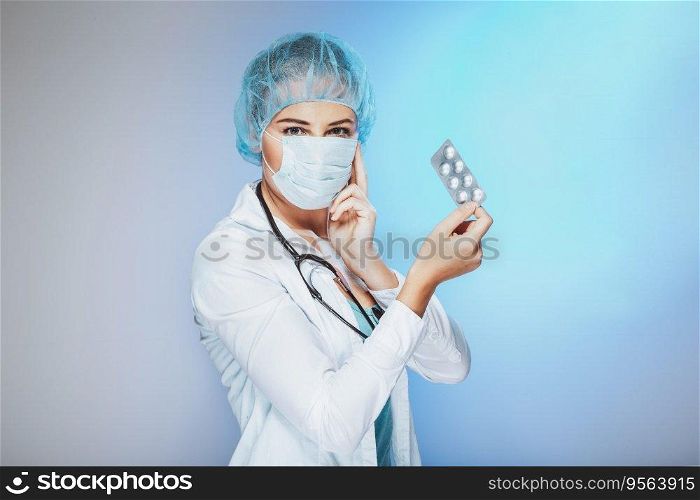 Portrait of a female doctor in working clothes, in a mask on her face, in a cap and a stethoscope in her hands holds a pack of pills.. Portrait of a female doctor