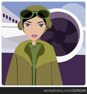 Portrait of a female pilot standing in front of an airplane