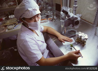 Portrait of a female scientist in a laboratory, Tochigi prefecture, Honshu, Japan