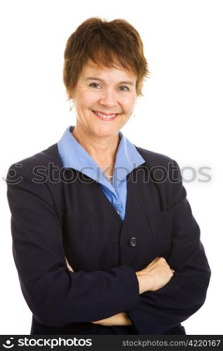 Portrait of a friendly, mature businesswoman. Isolated on white.