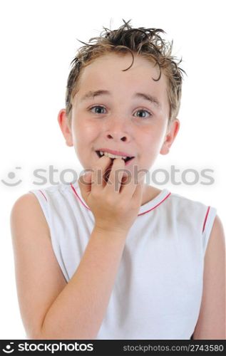 Portrait of a frightened boy. isolated on a white background