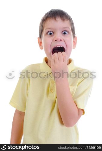 Portrait of a frightened boy. isolated on a white background