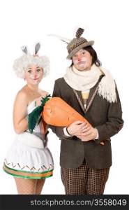 Portrait of a funny couple dressed as rabbits