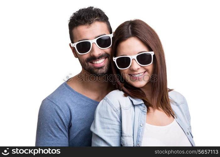 Portrait of a funny couple wearing sunglasses