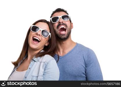 Portrait of a funny couple wearing sunglasses