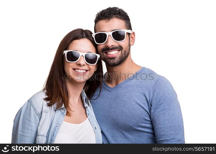 Portrait of a funny couple wearing sunglasses