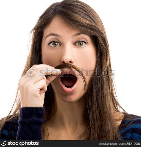 Portrait of a funny woman making a moustache with her own hair. Woman with moustache