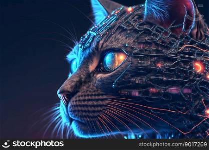 Portrait of a futuristic robot cat. An artistic abstract cyberpunk fantasy. Concept of a cyber cat. Neural network AI generated art. Portrait of a futuristic robot cat. An artistic abstract cyberpunk fantasy. Concept of a cyber cat. Neural network generated art