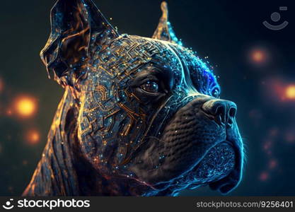 Portrait of a futuristic robot dog. An artistic abstract cyberpunk fantasy. Concept of a cyber dog. Neural network AI generated art. Portrait of a futuristic robot dog. An artistic abstract cyberpunk fantasy. Concept of a cyber dog. Neural network generated art