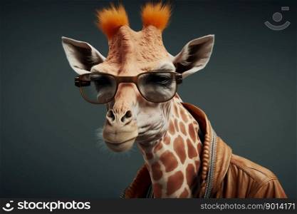 portrait of a giraffe in a jacket and sunglasses, thug or gangster, cool giraffe. Illustration. Generative AI.