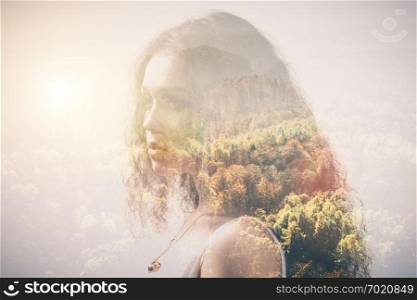 Portrait of a girl and woods with double exposure effect. Autumn, fall, nostalgic image.. Portrait of a girl and woods, double exposure.