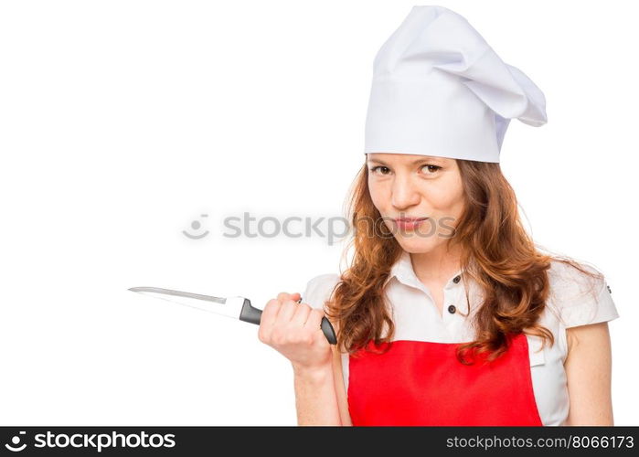 portrait of a girl chef with a sharp knife on a white background