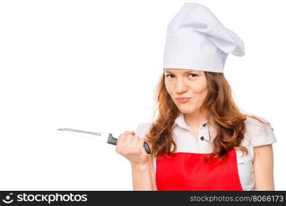 portrait of a girl chef with a sharp knife on a white background