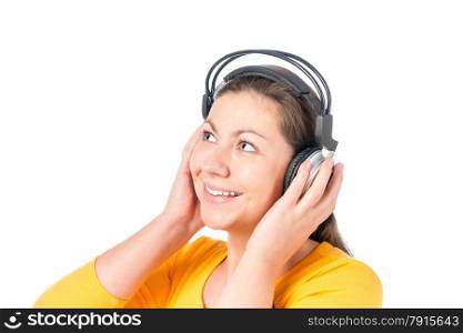 portrait of a girl in headphones on a white background