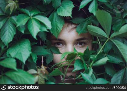 portrait of a girl in the leaves of wild grapes. natural background