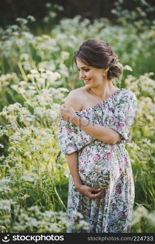 Portrait of a girl on the background of a meadow of grass.. A large portrait of a girl in a beautiful dress on the background of a meado