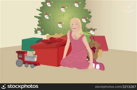 Portrait of a girl sitting beside a Christmas presents
