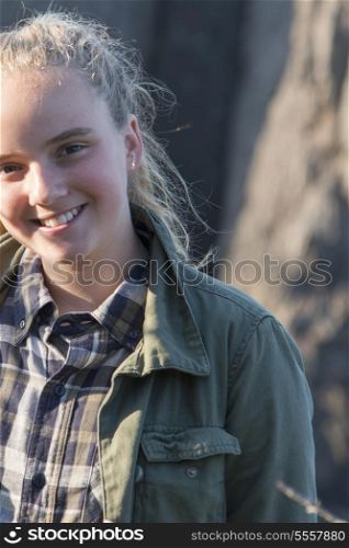Portrait of a girl smiling, Skerwink Trail, Port Rexton, Bonavista Peninsula, Newfoundland And Labrador, Canada