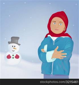 Portrait of a girl standing in front of a snowman