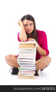 Portrait of a girl teenager with her books isolated over white background