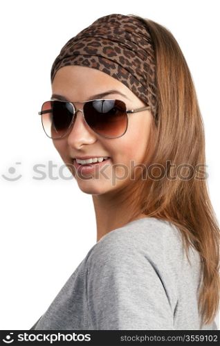portrait of a girl with glasses in a leopard scarf on a white background