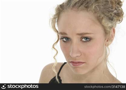 Portrait of a glamorous blonde woman looking sad. Shot with a Canon 20D.