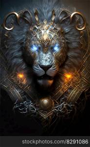 Portrait of a glowing black lion in shining armor. Portrait of a glowing black lion in shining armor AI Generated