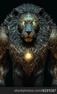 Portrait of a glowing black lion in shining armor. Portrait of a glowing black lion in shining armor AI Generated