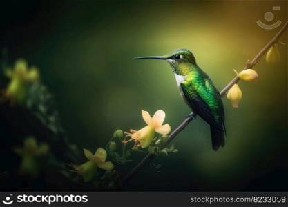 Portrait of a Green Hummingbird on a Flower created with generative AI technology