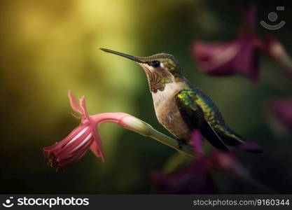 Portrait of a Green Hummingbird on a Flower created with generative AI technology