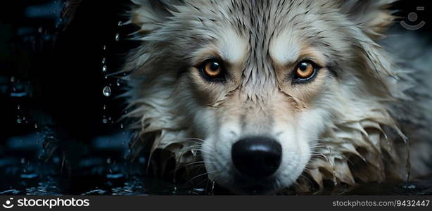 Portrait of a grey wolf in the water, generative ai