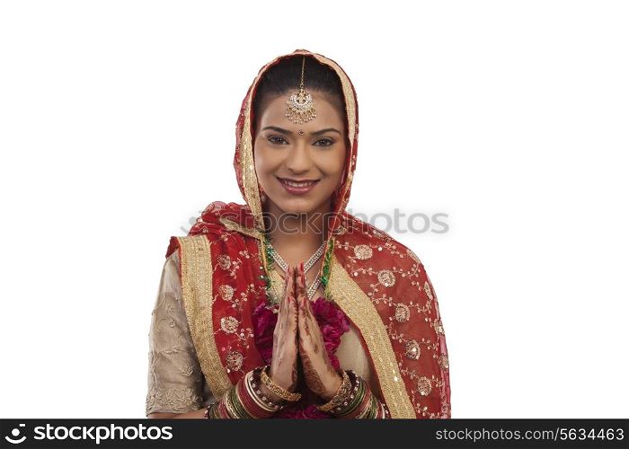 Portrait of a Gujarati bride greeting