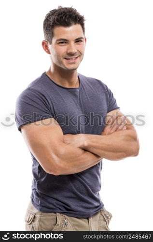 Portrait of a handsome and athletic latin man smiling with hands folded, isolated over a white background