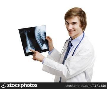 Portrait of a handsome doctor smiling holding a RX, isolated over a white background