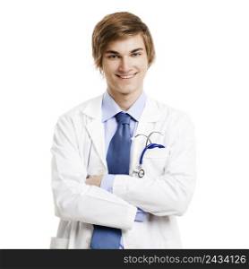 Portrait of a handsome doctor smiling, isolated over a white background