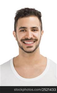 Portrait of a handsome latin man smiling, isolated on white background