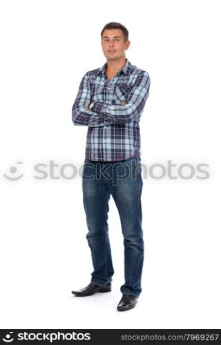 Portrait of a handsome man in a plaid shirt to his full height, isolate on white background.