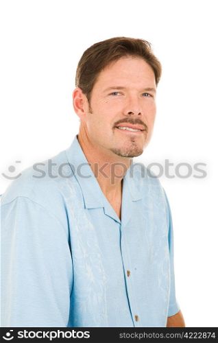 Portrait of a handsome man in his thirties with a van dyke beard. Isolated on white.