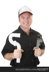 Portrait of a handsome plumber holding a pipe and a wrench. Isolated on white.
