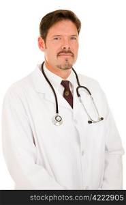 Portrait of a handsome, trustworthy doctor in a white lab coat. Isolated on white.
