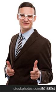 Portrait of a handsome young business man in gesture of reaching the goal against white background
