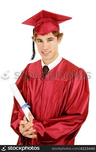 Portrait of a handsome young graduate on white background.