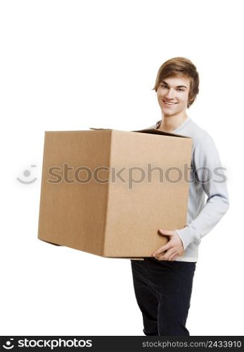 Portrait of a handsome young man holding a card box
