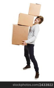 Portrait of a handsome young man holding card boxes, isolated on white