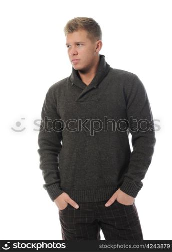 Portrait of a handsome young man in fashionable clothing. Isolated on a white background