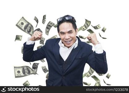 Portrait of a happy Asian business man on money flying background