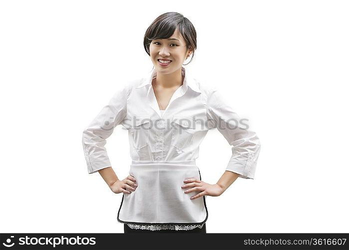 Portrait of a happy Asian house cleaner over white background